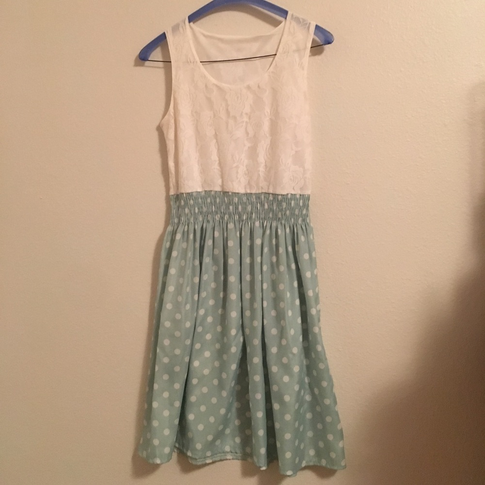 White lace  and mint polka dot dress